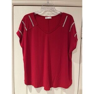 89th and Madison Womens Top 1X Red Sleeveless V Neck Studded Pullover Blouse